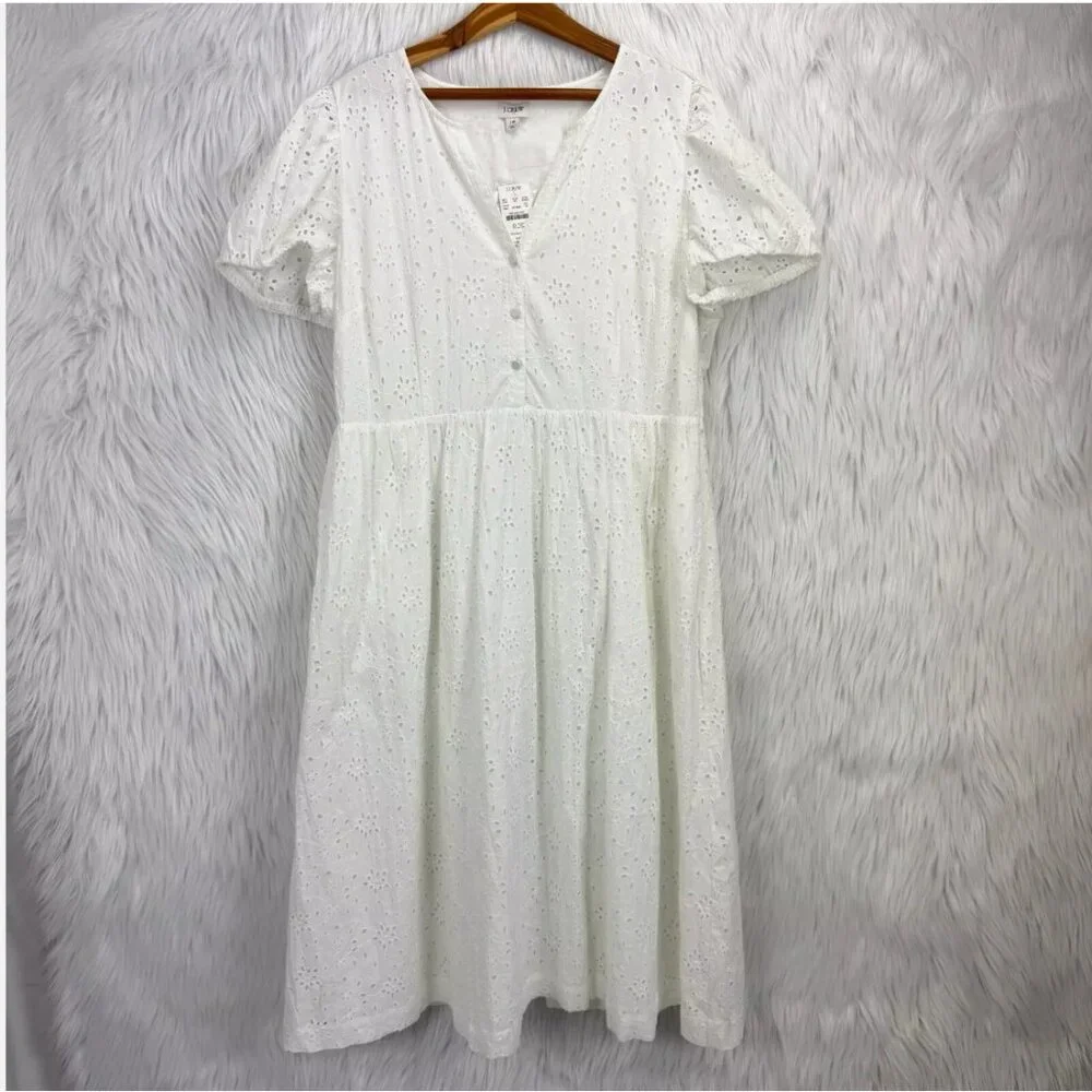 J. Crew Factory Eyelet Midi Dress Puff Sleeve Boho Summer Graduation‎ Coastal